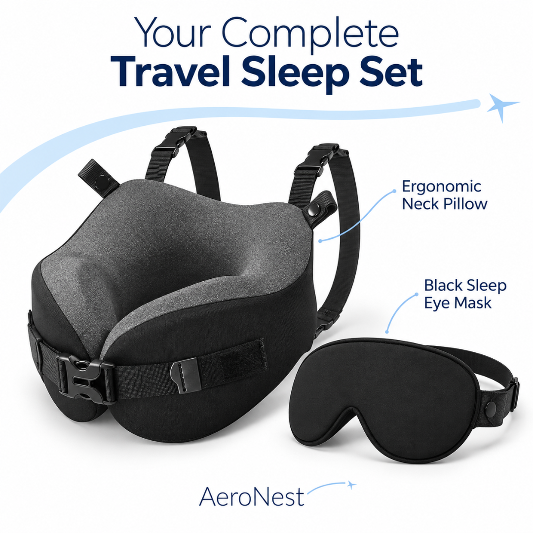AeroNest complete travel sleep set with neck pillow and eye mask