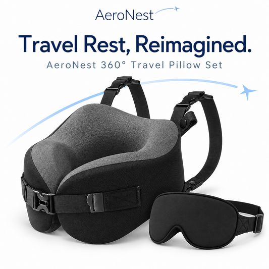 AeroNest 360 degree travel neck pillow set with black sleep mask